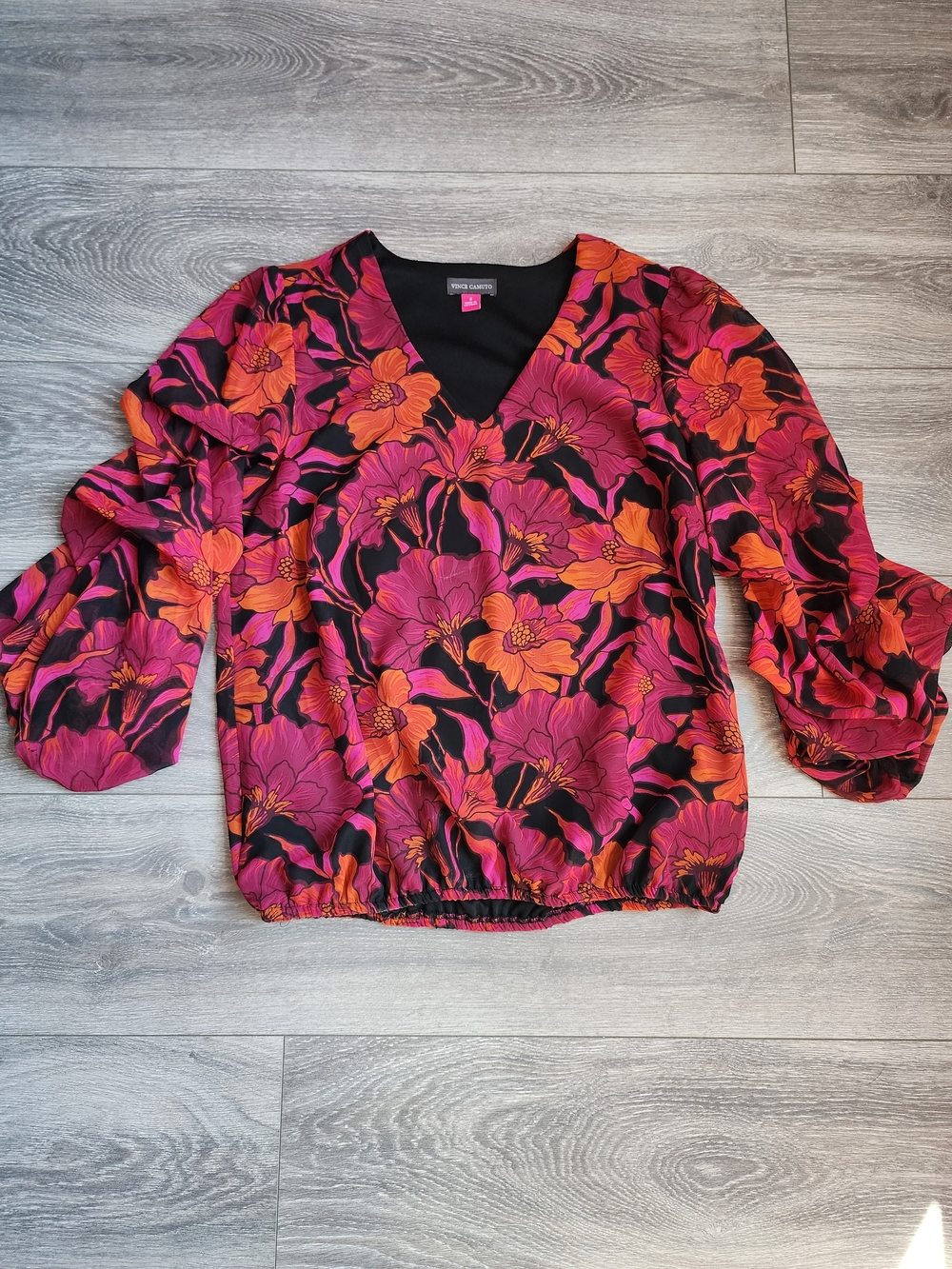Pink & Orange Floral 3/4 Bubble Sleeve Blouse Women's Small